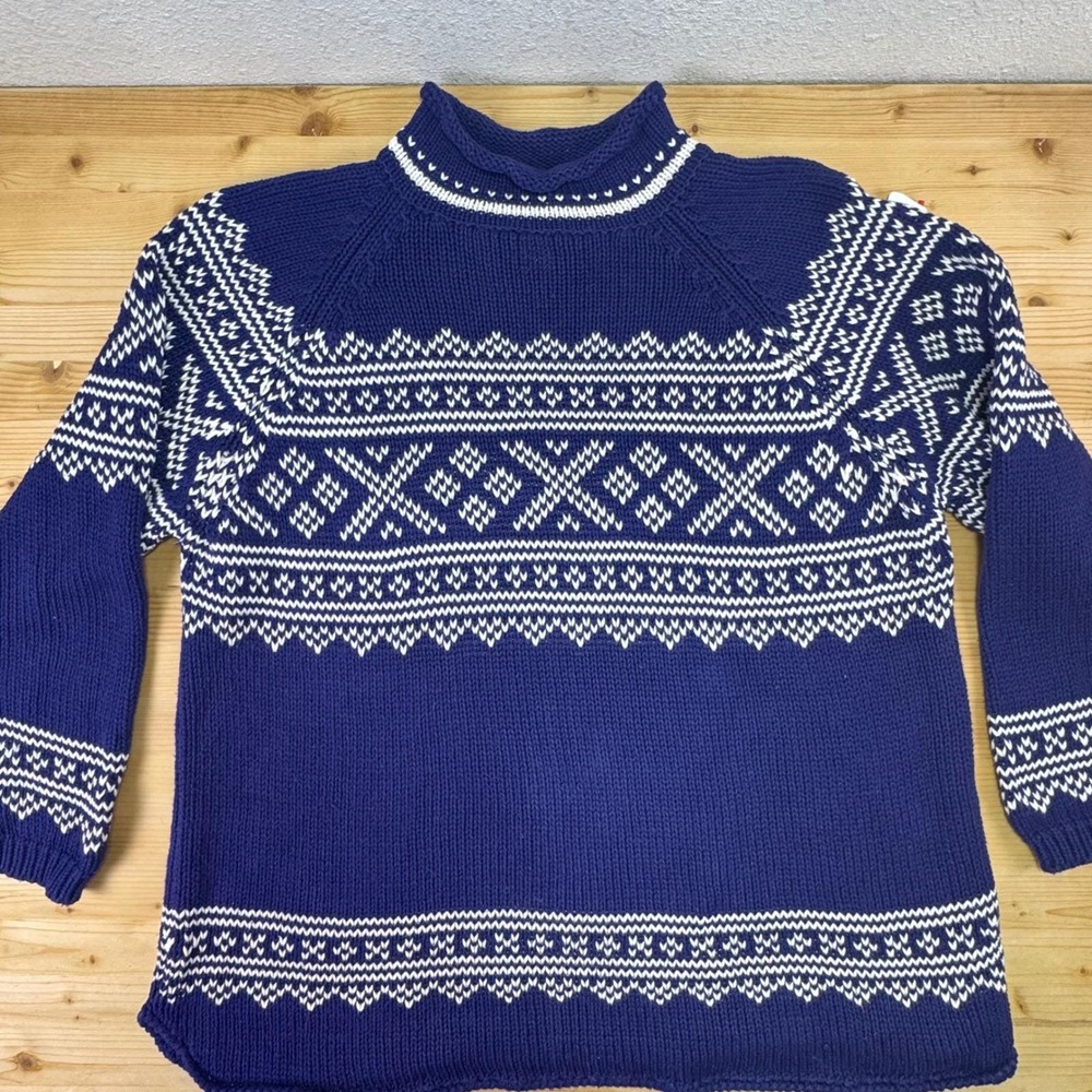 Eddie Bauer Vintage Nordic Sweater Blue White Cotton Knit Women's Large 90s